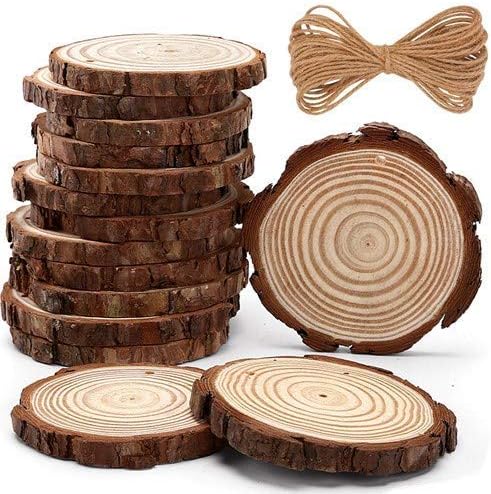 Natural Wood Slices Unfinished Predrilled Round Wooden Pieces with Holes Bark for Craft Centerpieces Christmas Decorations Ornaments (15Pcs 3.5-4 inch)