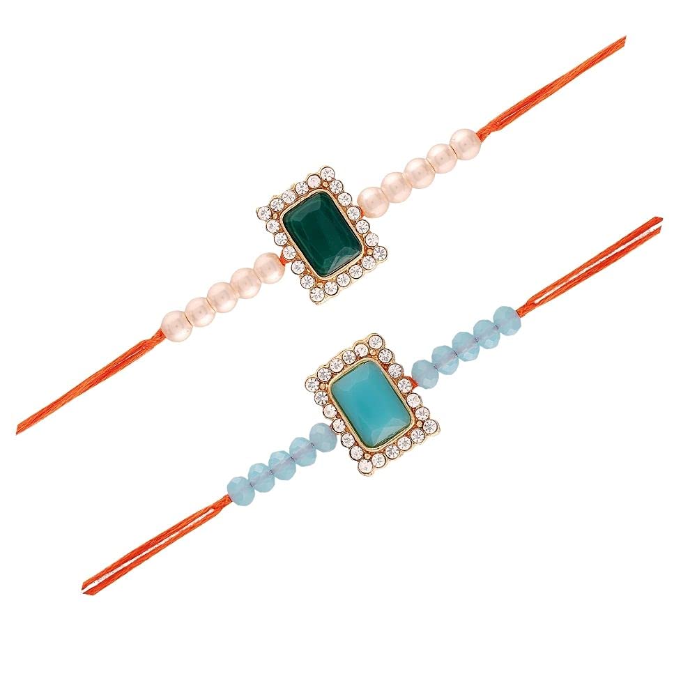 I Jewels 18k Gold Plated Designer Stone Pearl Studded Combo Rakhi Bracelet for Men/Brother/Bhaiya (Pack of 2)