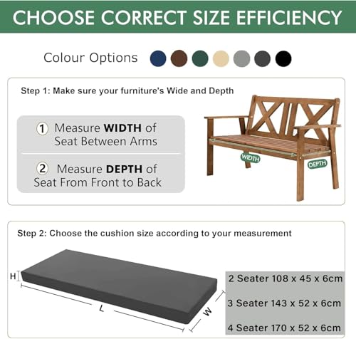 Outdoor Waterproof Bench Rattan Cushion Pad for Garden 2/3/4 Seater 108/143/170cm Thick Long Bench Chair Cushions Pad for Swing Patio (2 Seater-108x45x6cm, Charcoal Grey) - 3