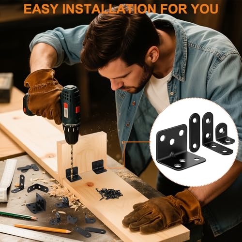 Image of 34 Pack L Bracket Corner Brace Kit, 4 Sizes Stainless Steel L Brackets for Wood Shelves, 90 Degree Right Angle Bracket, Black Metal Corner Brackets for Furniture Cabinet Drawer Chair with 104 Screws
