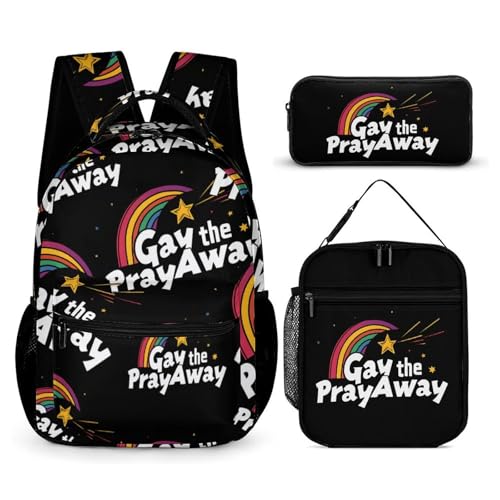 Gay The Pray Away Travel Backpack Lunch Box Pencil Case 3Pcs Set for Men Women Office Outing University