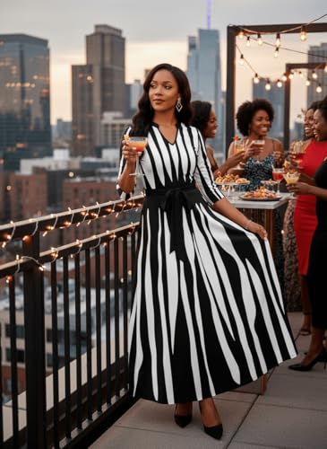 Image of FANDEE Maxi Dress for Women, Casual V Neck 3 /4 Sleeve Long Dresses with Pockets