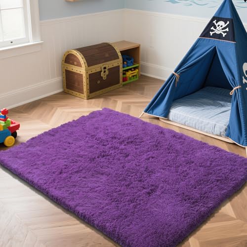 Purple Fluffy Rug Shaggy Area Rug, 5x8 Area Rugs for Girls Bedroom, Soft Cute Baby Play Mat, Indoor Floor Carpet for Teen, Nursery, Preppy Dorm, Plush Aesthetic Bedside Rug