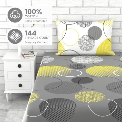 Image of LORETO - A QUALITY LINEN BRAND 144 TC 100% Pure Cotton Single Fitted Bedsheet with 1 Pillow Cover for 72 x 36 Inch Mattress, All-Around Elastic, 8 Inch Deep Pocket, Grey & Yellow Geometric