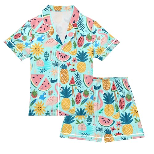 senya Pineapple Flamingo Satin Summer Pajama Sets Silk Short Sleeve Button Down Sleepwear