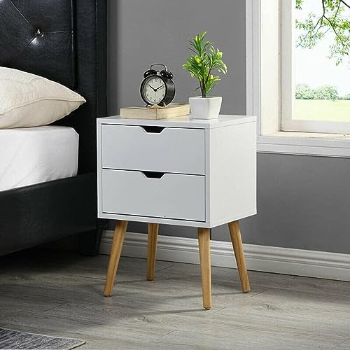 Image of Storage Nightstand Mid-Century Modern Bedside Table with Solid 4 Wood Legs Minimalist and Practical End Side Table- 2 Drawer-White