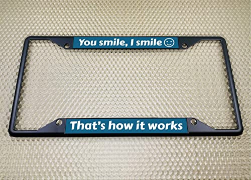 Image of Personalized with Custom Text Design - 4 Hole Black Metal Laser Engraved US Standard Size - Car License Plate Frame with Free caps - Blue /White Text (Qty: 1 Frame)