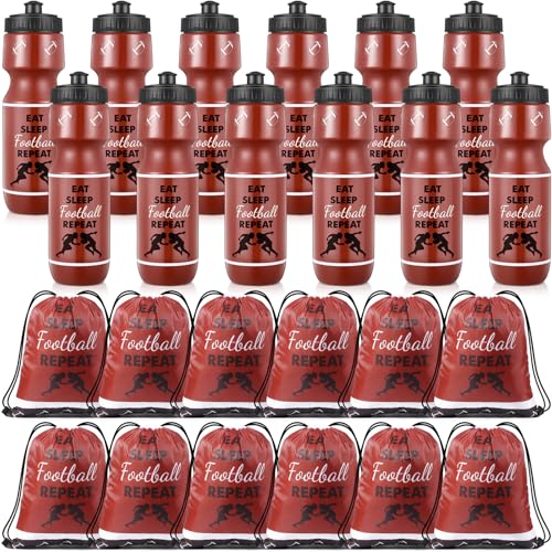 Talltalk 12 Pcs 24oz Football Plastic Water Bottle with Drawstring Bag Football Party Favors Sports Water Bottles for Men Sports Lovers Gifts