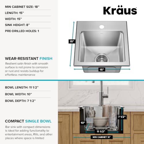 KRAUS Fairlane 15 in Drop In/Top Mount Workstation Single Bowl 18-Gauge Stainless Steel Bar Kitchen Sink with Accessories, KWT631-15 by Kraus - Used condition - Image 5