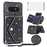 Asuwish Phone Case for Samsung Galaxy Note 8 Wallet Cover with Tempered Glass Screen Protector and Crossbody Strap Lanyard Bling Glitter Credit Card Holder Cell Accessories Note8 Not S8 Gaxaly Black