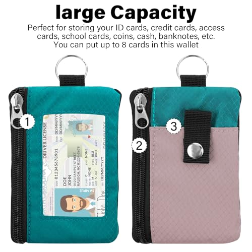 Image of Minimalist RFID Wallet with Lanyard, Multi-Functional ID Case with 2 Zipper Pockets and Key Chain for Men and Women, Tactical Badge Pouch Cards Holder, Coin Purse for Travel - Peacock&Pink