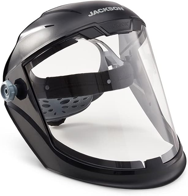 Jackson Safety,Black 14200 Maxview Premium Full Face shield/Face Guard clear tint, visor face protection and ratcheting headgear
