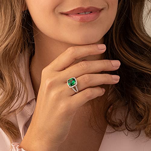 PEORA 6.50 Carats Simulated Emerald Ring for Women 925 Sterling Silver, 11mm Cushion Cut, Sizes 5 to 92