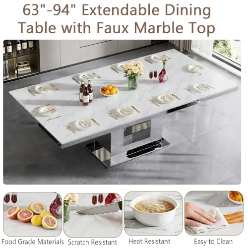 Image of Modern 63 inch-94 inch Rectangular White Faux Marble Extendable Dining Table for 6-10, Luxury Rectangular Dining Room Table, Kitchen Dinner Tables with Marble Veining Tabletop & Mirror Acrylic Base