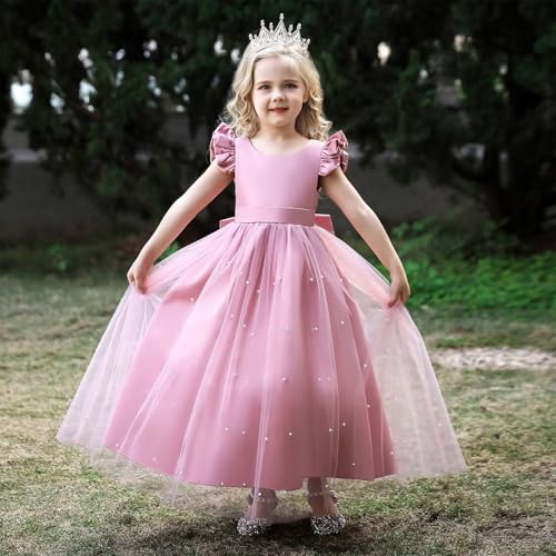 Girl Formal V-Back Satin Flower Girl Dress Girls Dresses for Wedding Flying Sleeve Pearls Tulle Girls Prom Ball Gown Princess Dresses Burgundy2