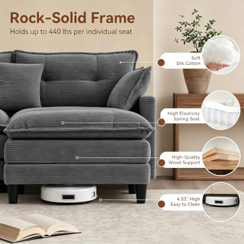 Image of 73.5 inch L-Shaped Cloud Sofa, Modular Sectional Couch with Ottoman Coffee Table, Corduroy Deep Seat Loveseat with Pillow, Comfy Modern Couch for Living Room Bedroom Apartment, Grey