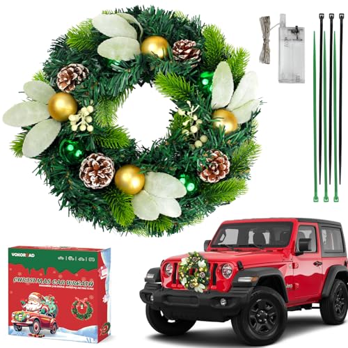 Lighted Christmas Car Wreath 13 Artificial LED Car Wreath with Green Gold Christmas Ball Ornaments for Front Grill Light Powered Christmas Wreath Decor Fit Jeep Truck SUV RV and Golf Cart