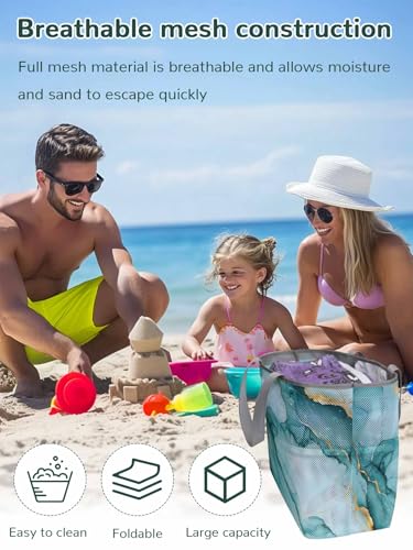 Mesh Beach Bag Oversized Tote Bags for Women Teal Marble Gold Foil Large Travel Pool Bags with 8 Pockets2