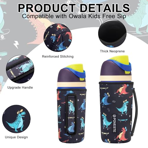 Image of Water Bottle Sleeve with Handle for Owala Kids FreeSip 16 oz, Water Bottle Scratch Resistant Sleeve, Neoprene Cover Compatible with Owala 16 oz for Boys Girls to School Travel (Skateboard&Dinosaur)