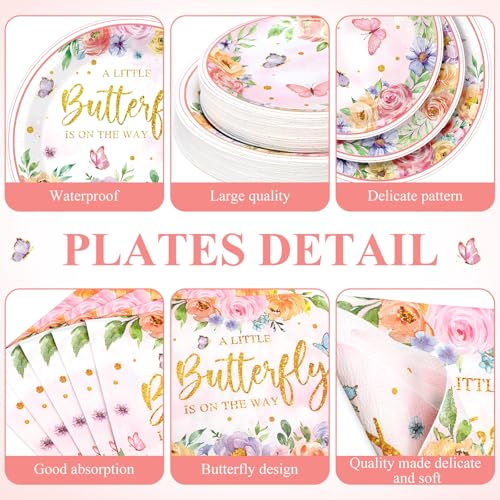 Image of Funnymoom 452 Pcs Floral Butterfly Baby Shower Decorations, a Little Butterfly Is on the Way Paper Plates Napkins Cups Tablecloth Cutlery Straws for Summer Floral Baby Shower Party Supplies