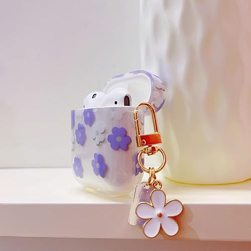 Miniatura 3 de Funda para AirPods de 21 generación con llavero, bonita funda protectora para auriculares con flores moradas y flores, TPU suave y transparente para