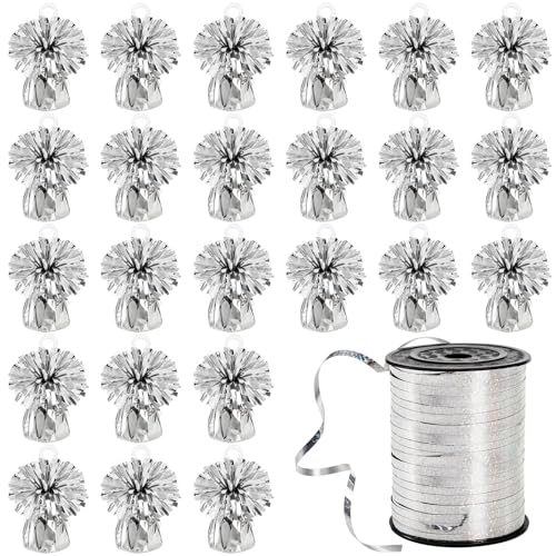 Frcctre 24 Pack Balloon Weights, Metallic Silver Anchors Balloon Holder Foil Weights with 1 Roll Colorful Ribbon for Balloons Table Centerpiece Birthday Party Wedding Anniversary
