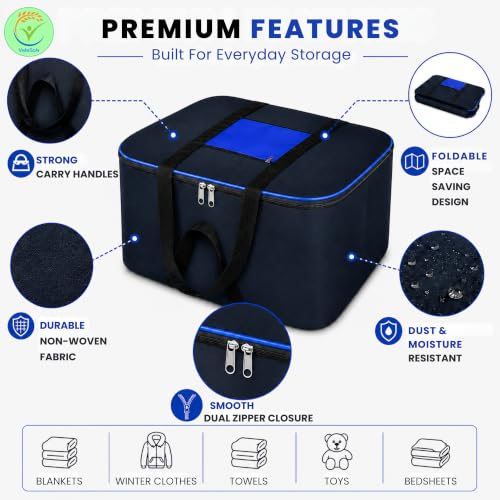Image of Storage Bags for Blanket, Clothes, Toys and Bed Sheet Cover Bag - Underbed Large Size Black Cover Bags (54 x 46 x 28 cm) (Blue, Pack of 10)
