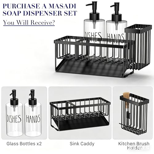Image of MASADI Kitchen Sink Caddy with Dish Soap Dispenser Set, 12OZ Glass Bottle, Hand and Dish Soap Dispenser Set, Non-Slip Silicone Pad, Brush Holder, Kitchen Sink Organizer Countertop (Black+Clear)