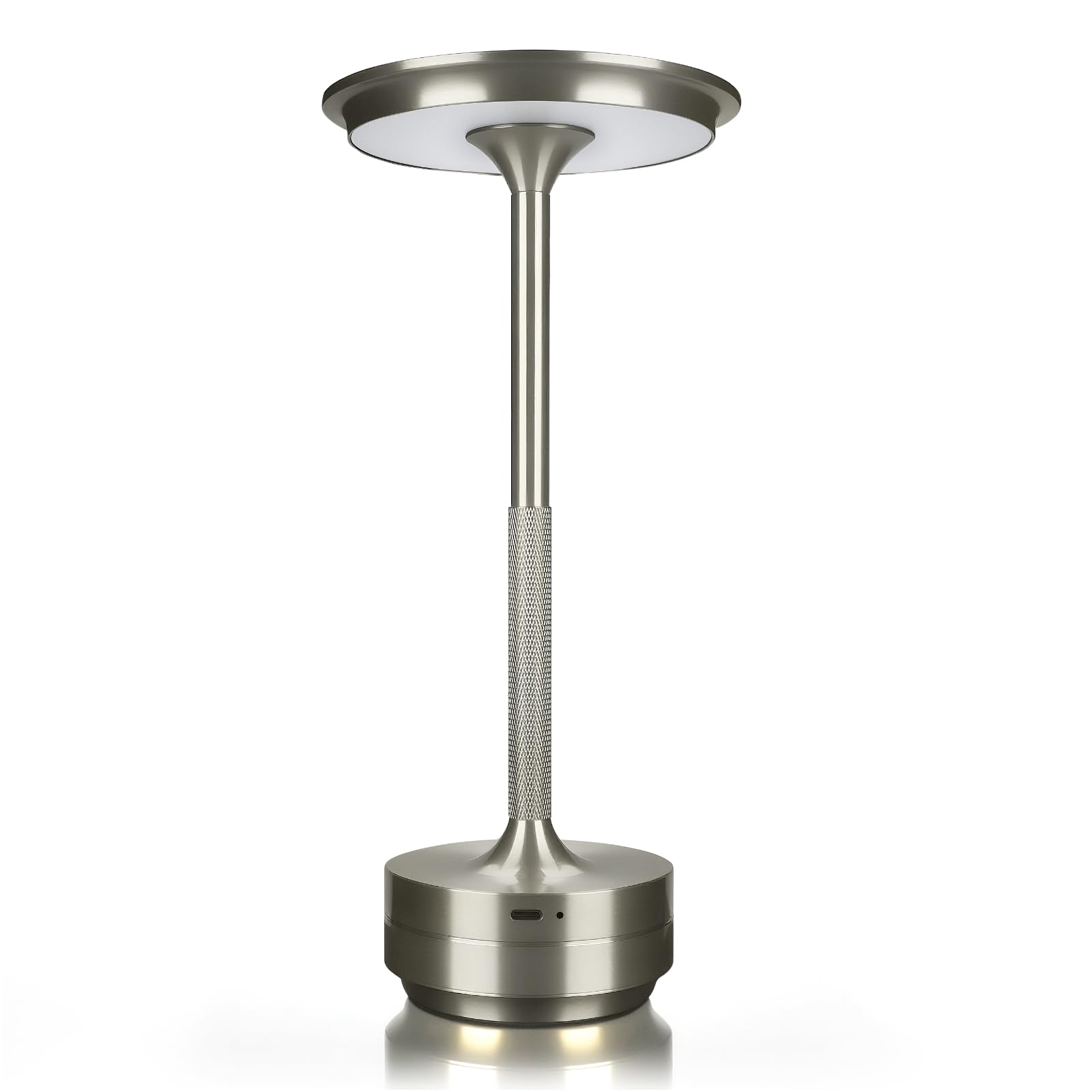 MMOBIEL Kabellose LED-Tischlampe Wiederaufladbare Runde Metalllampe mit Touch-Steuerung, Stufenloser 3-Farb-Dimmung, USB-C, 1800mAh Akku für Schlafzimmer, Restaurant, Innen & Außen – Silber