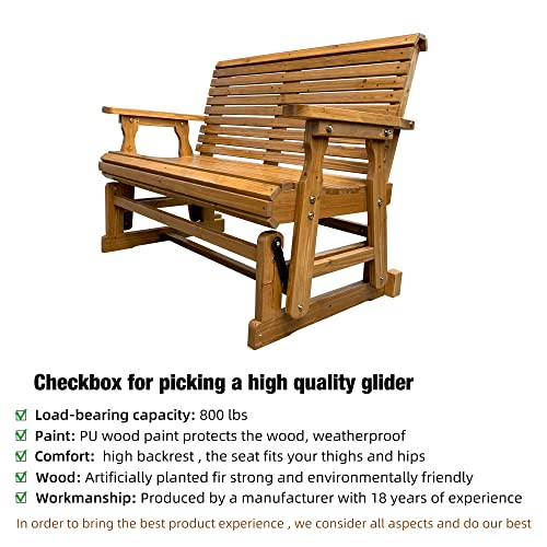 Wooden Patio Glider with High Roll Back and Deep Contoured Seat, Solid Fir Wood, 2-Seater, Heavy Duty 800 LBS, 4 Feet, Brown - Thumbnail 3