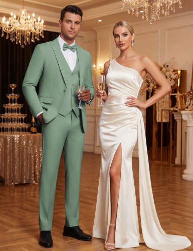 Image of WULFUL Men's Slim Fit Suit One Button 3-Piece Blazer Dress Business Wedding Party Jacket Vest & Pant