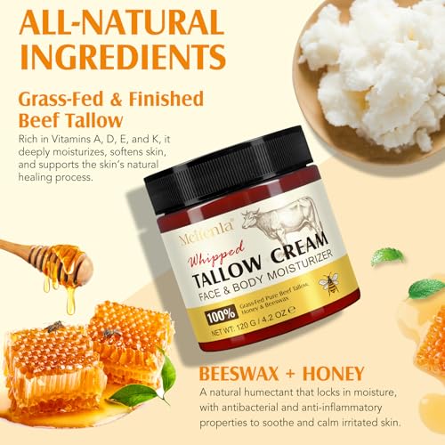 GPUPFJPW Beef Tallow for Skin, Natural Tallow and Honey Balm, Organic Grass Fed Whipped Beef Tallow for Face Moisturizer, Deeply Moisturizing Body Butter for Dry & Sensitive Skin, All Skin Types 4.2 Oz