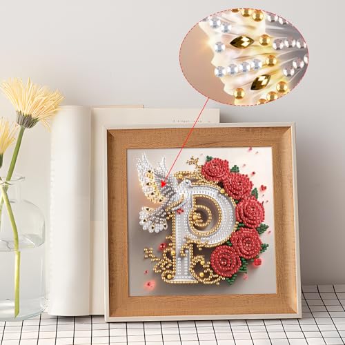 Image of AiYuanzsh 5D Diamond Art Kits for Adults Letter P, Petal-Themed Rose & Dove Floral Special Shape Diamond Painting Kit, DIY Crystal Rhinestones Diamond Art for Adults Craft Wall Display 17x17cm