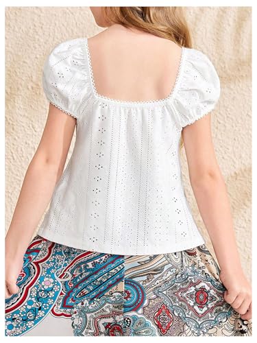 OYOANGLE Girl's Eyelet Embroidery Short Puff Sleeve T Shirt Bow Tie Front Square Neck Tee Tops3