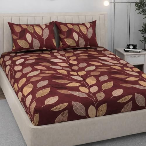 Image of 350 TC Premium Heavy Cotton Feel Elastic Fitted Bedsheet Queen Size with 2 Pillow Covers || Double Bed with All Around Elastic (Brown, Fitted - Double72x72)