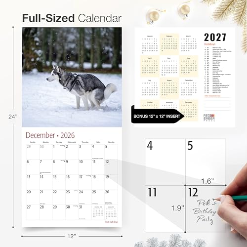 Image of RED EMBER Funny Dooty Calls Dogs 2026 Wall Calendar 12 Month | 12 inch x 24 inch Open | Thick & Sturdy Paper | Giftable | White Elephant Gifts for Adults Pooches Puppy Dog Calendar 2026