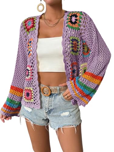 Image of SHENHE Women's Floral Crochet Cardigan Hollow Out Open Front Long Sleeve Cardigan Sweater