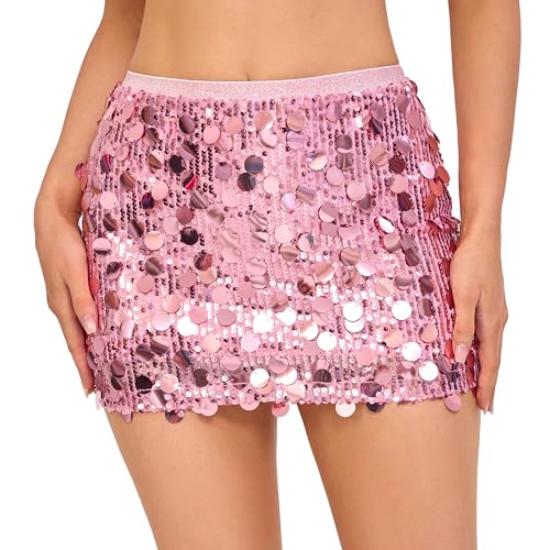 Yannspeers Women's Sequin Skirt, Sparkly Stretchy Bodycon Mini, Glitter Sexy Rave Disco Dance Skirt for Club, Night Out Party Pink