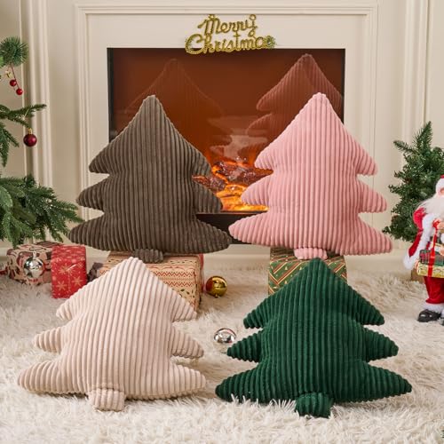 Image of Lanpn Christmas Tree Pillows Set of 2, Christmas Decoration Narrow Stripes Winter Throw Pillow Soft Cute 3D Shaped Xmas Tree Cushion for Sofa Bedroom Xmas Decor (18x16 inch, Off White)