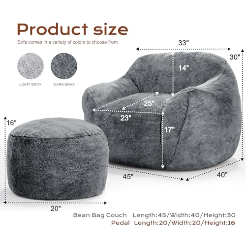 Image of Homguava Giant Bean Bag Chairs for Adults,Large Bean Bag Couch with Ottoman | Big Beanbag Chair with Memory Foam Filled,Oversized Bean Bag Sofa,Faux Fur Floor Sofa Chair for Bedroom Living Room-Grey