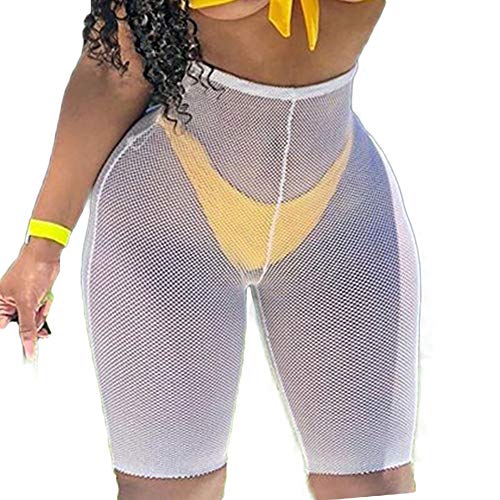 RUEWEY Women See Throug Mesh Fishnet Swimsuit Cover up Pants Bikini Bottom Cover up Shorts (L, White)