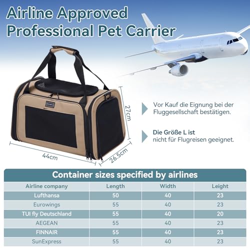 Petsfit Transportbox Katze kleine Hunde leicht Hundetasche Flugzeug für kleine Hunde Katzen Transporttasche Hundetragetasche,Tragetasche Hund Flugtasche mit Schutzgurt & erweiterbare Matte, S/Khaki