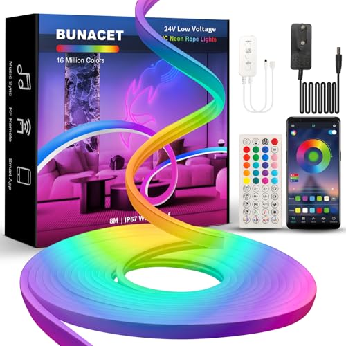 BUNACET RGB+IC Neon LED Strip Dimbaar 8M 24V LED Strip RGB+IC Flexibele Neon LED Verlichting IP65 Waterdichte met APP Controle,Muziek Sync,Voeding en RF afstandsbediening voor TV DIY Slaapkamer Decor