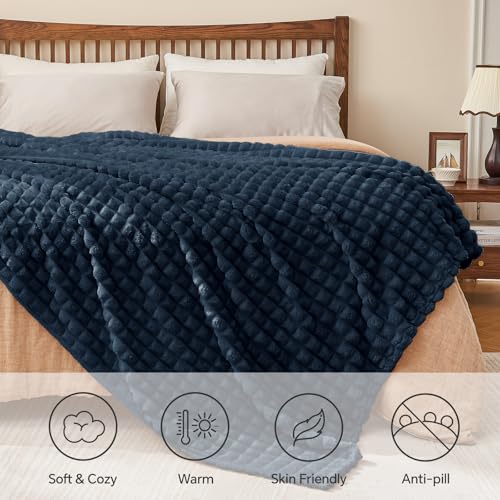 Image of BEDELITE 3D Checked Navy Fleece Throw Blanket for Couch, 50x70 Inch