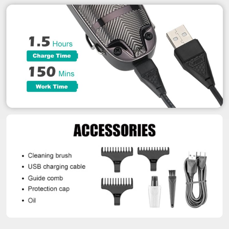 Image of VGR V-981 Professional Digital Display with Turbo function Rechargeable cordless Pro Self Haircut Hair Clipper Beard trimmer Hanging Loop Stainless steel Blades USB Charging cable 3 Guide Comb, Yellow