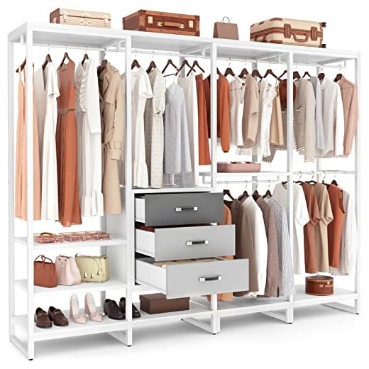 Aheaplus Wood Clothes Rack Wardrobe Closet for Hanging Clothes Heavy Duty Garment Rack, Large Corner L Shaped Closet System Organizers Walk-in Closet for Bedroom with 11 Shelves, 3 Wood Drawers, White