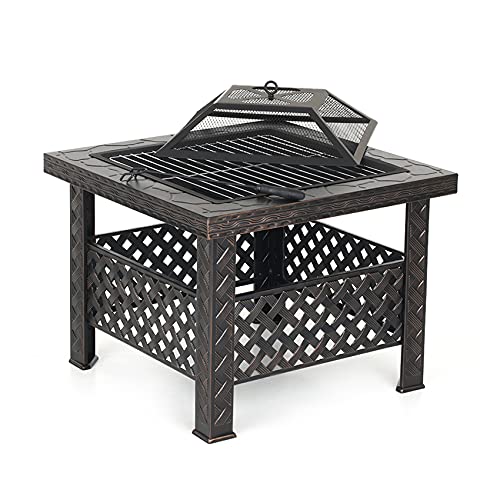 Chimenea cuadrada de metal para jardín, patio trasero, chimenea para exteriores, con cubierta y atizador + parrilla para barbacoa