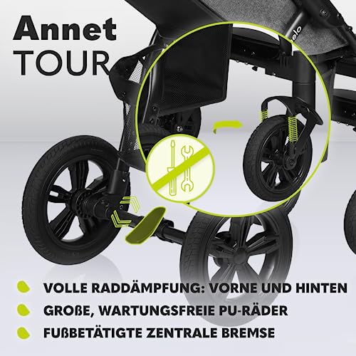 LIONELO Annet Tour Kinderwagen bis 22 kg, verstellbarer Griff, zusammenklappbar, verstellbare Rückenlehne bis zur Liegeposition, wartungsfreie Räder, XXL-Verdeck, 5-Punkt-Gurt, Einkaufskorb