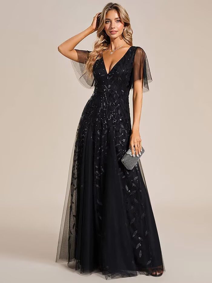 BITALY Mother of The Bride Dress Embroidery Floral Short Sleeves V Neck Formal Evening Dress BI2054