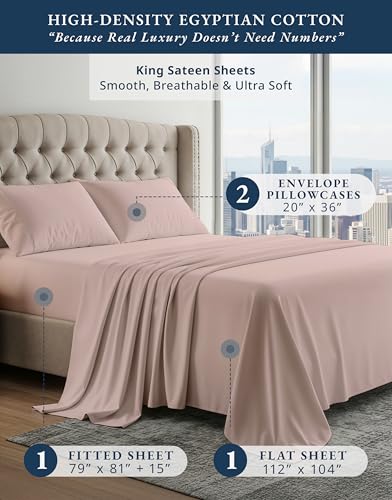 100% Egyptian Cotton King Bed Sheets – Silky Sateen Weave for All Season Comfort, 15